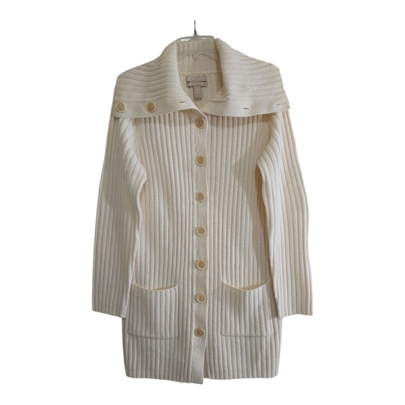 Banana Republic Wool Blend Patch Pocket Cardigan In Cream Ribbed Shawl Collar - Picture 1 of 5
